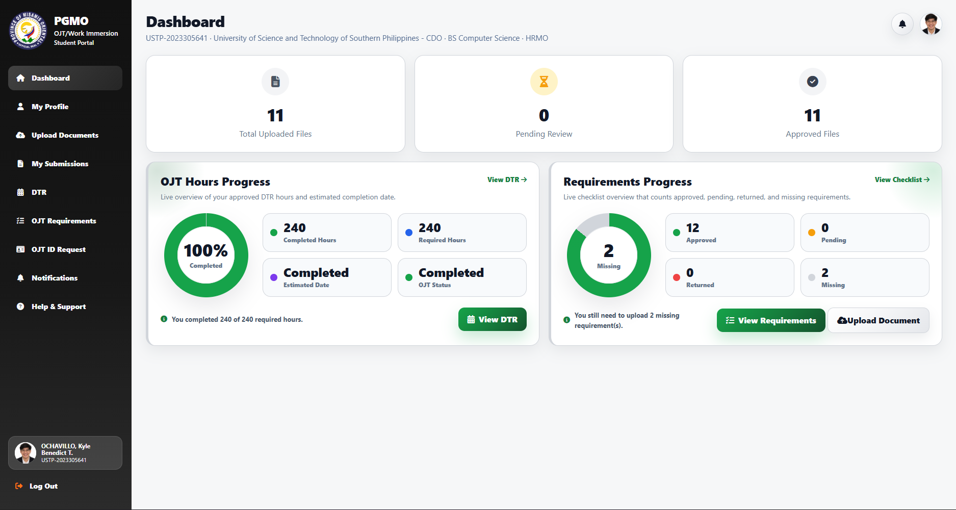 InternTrack Student Portal dashboard
