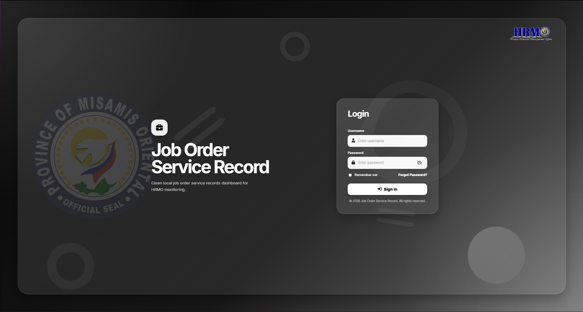 Job Order Service Record login interface